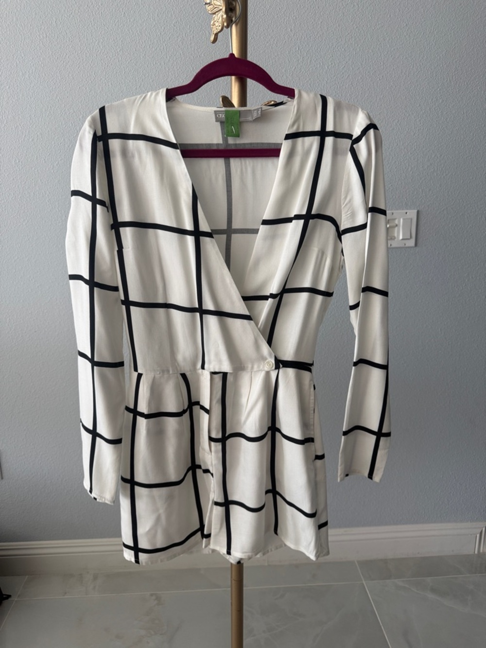 Windowpane Wrap Romper in White and Black